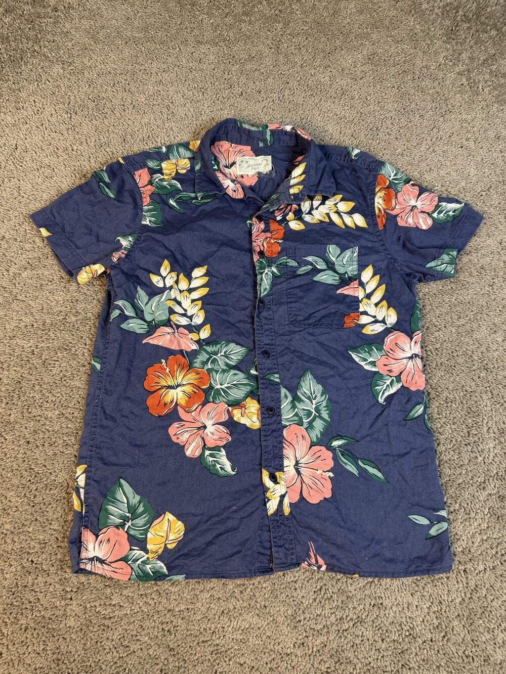 American Eagle Outfitters Shirt Mens S Blue Short Sleeve Button Up Floral